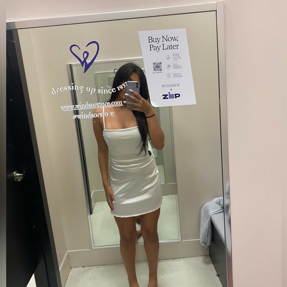 White Mini Satin Square Neck Dress